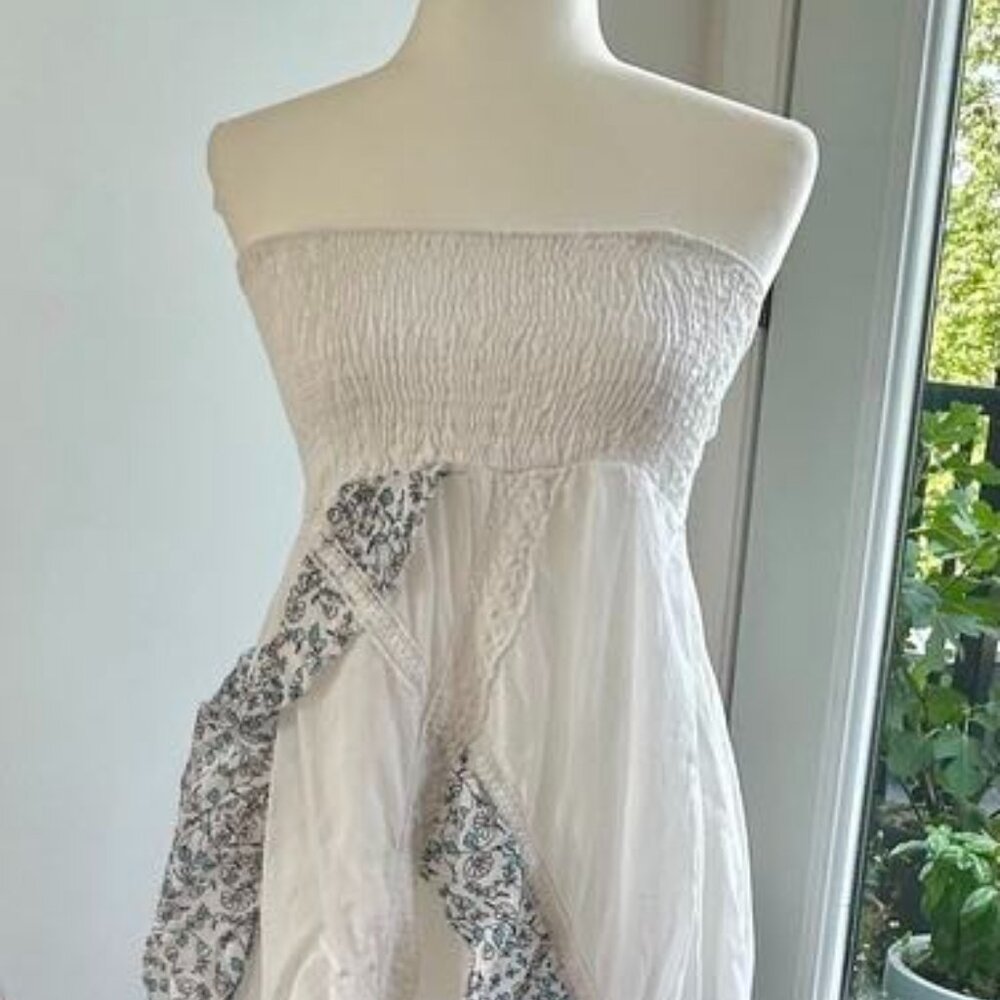 Boom Coeur Italy Patchwork Strapless Dress – Blue & White, Lace Detail, Boho, M